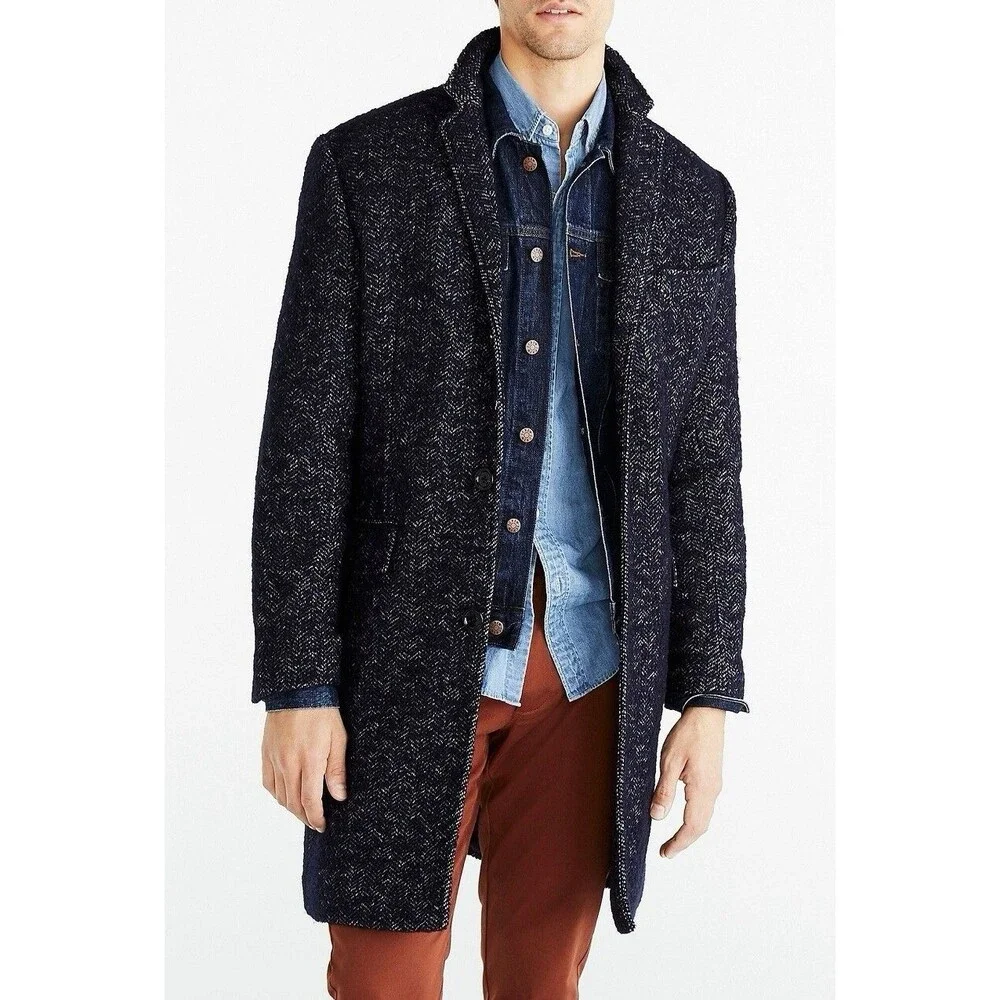 J. Crew Men’s Thompson Wool Blend Herringbone Top Coat Navy Blue Size 44R AC592